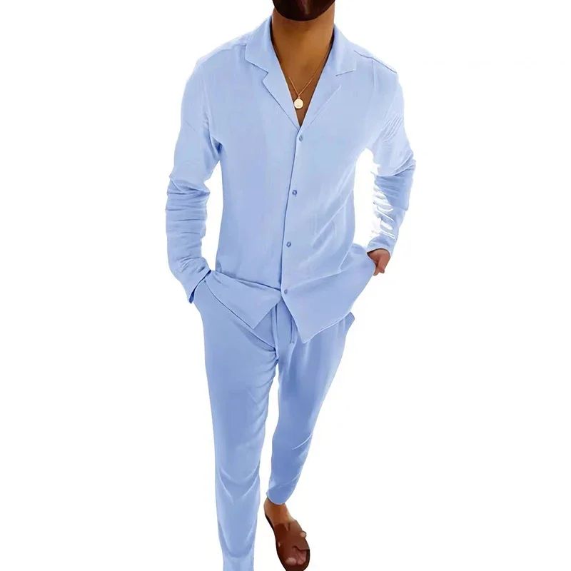 All Match Men's Tracksuit Fashion Solid 2024 Two Piece Slim Suit Autumn New Long Sleeve Button Shirts Top&Drawstring Pants Set