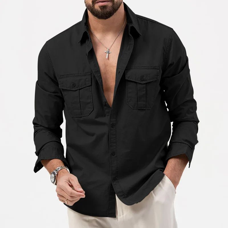 Army Green Tactical Cargo Shirts For Men Chest Two Pockets Long Sleeve Mens T-Shirt 2024 Trend Casual Loose Shirt Chemise Hombre
