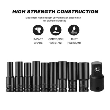 10pcs 1/2 Drive Metric Impact Socket Set Heavy Duty Universal Deep Socket Wrench for Air Pneumatic Repair Tools