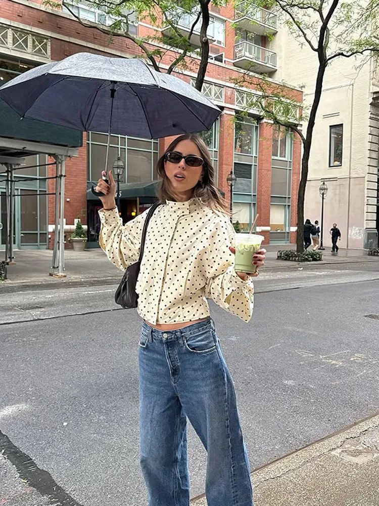 Polka Dot Stand Neck Short Jackets Women Fashion Long Sleeve Patchwork Contrast Slim Coats Casual Lady Street Commute Outerwear