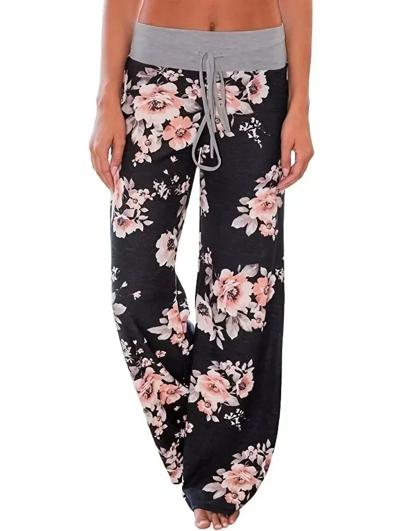 Plus Size L-8XL Fashion Women Casual Loose Stretch Printing Long Wide Leg Yoga Pants Drawstring Lounge Pants Pajama Pants