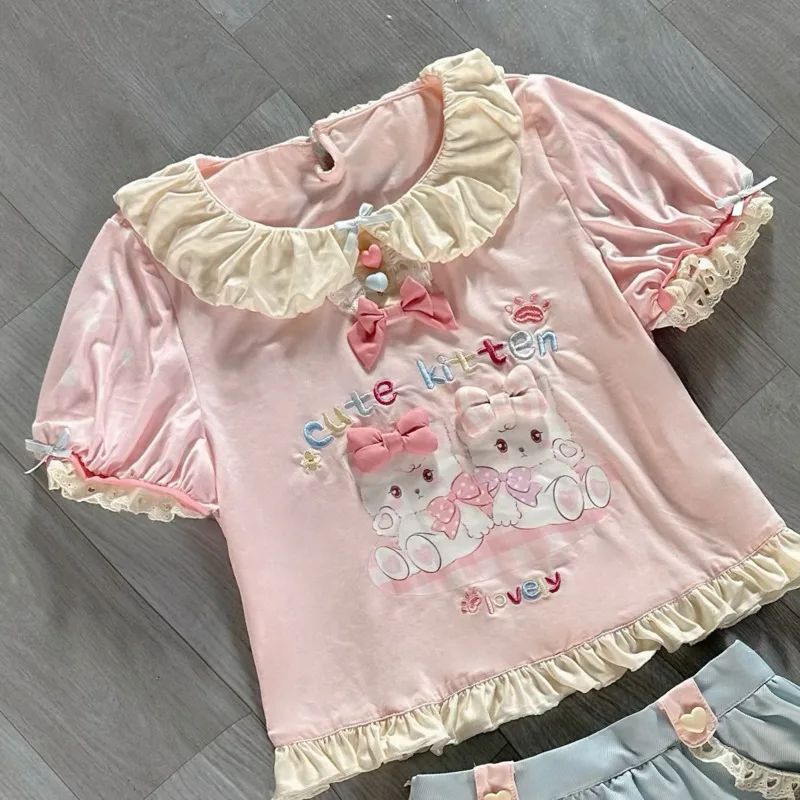 Lolita Print Tops Bow Cake Blouse Y2K JK Lolita Japan Kawaii Girl Cute Sweet Lace T-shirt A-line Spliced Cake Skirt New Chic