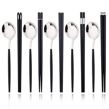 Conjunto de Talheres Portátil para Viagem Preto e Prata com 10 Peças, Hashis Colher de Aço Inoxidável, Conjunto de Utensílios de Mesa Coreano de Luxo