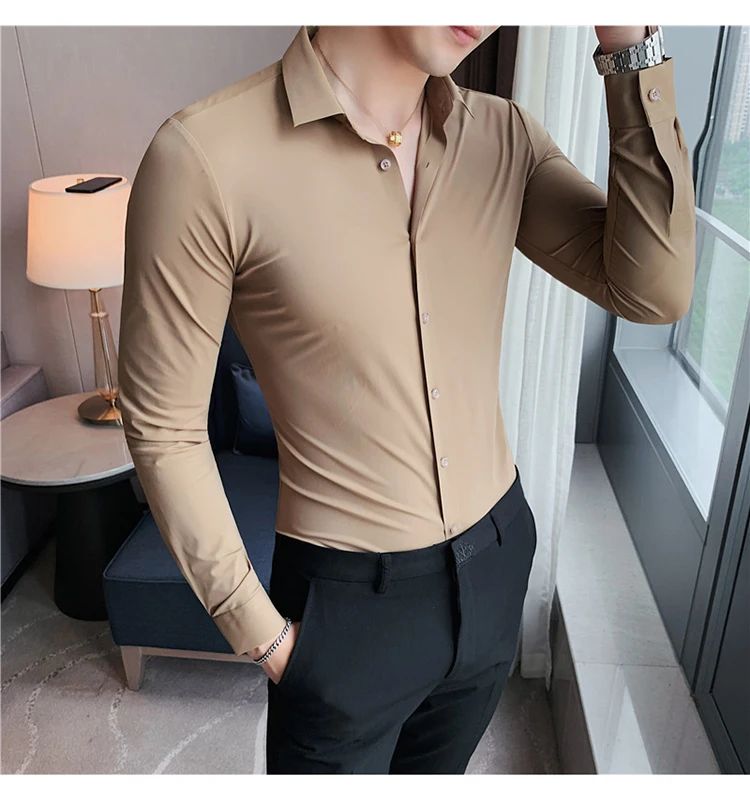 Men's Long Sleeved Elastic Shirt No Ironing Business Wear Professional Workwear Stand Up Collar Shirt Casual Solid Color Shirt