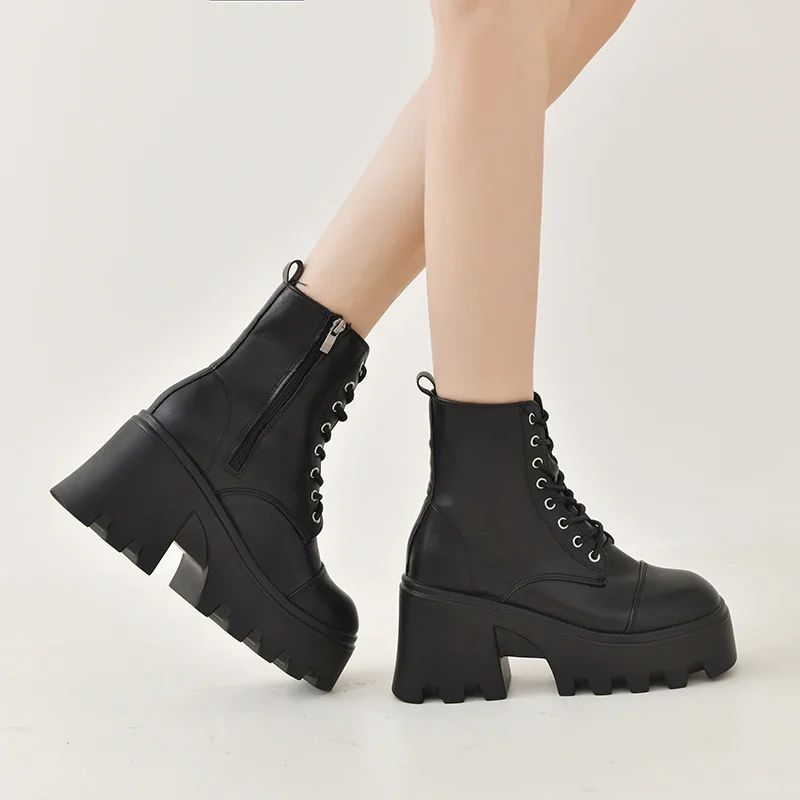 2024 Winter Plus Size Shoes for Women Side Zip Women's Ankle Boots Platform Square Heel Ladies Boots Lace-up Shoes Female
