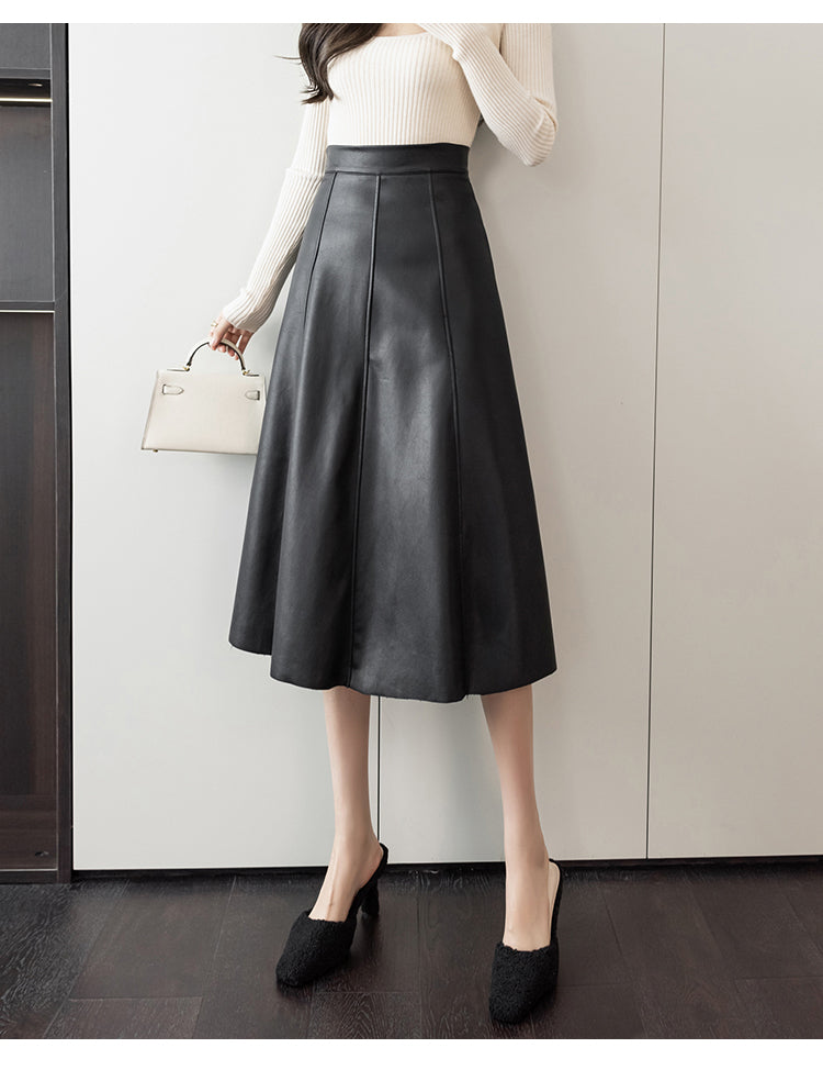 Seoulish Black Faux PU Leather Women's A-Line Skirts 2023 New Autumn Winter High Wasit Solid Chic Umbrella Office Skirts Female