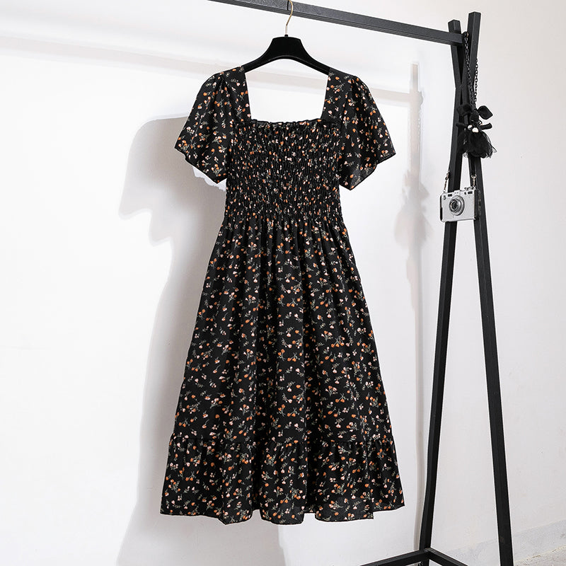 Spring Summer Chiffon Dress Women Midi DressesFemale Short Sleeve Elastic Waist