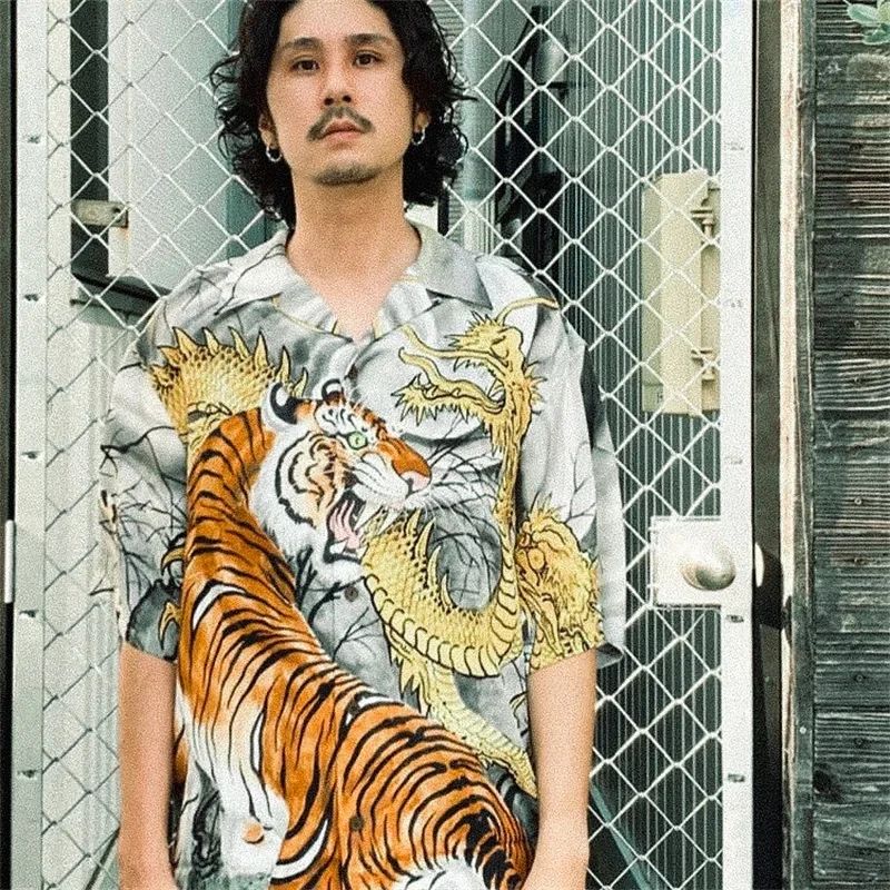 Classics Summer WACKO MARIA Shirts Full Print Leopard Rayon Short-sleeved Real Photos Hawaiian Shirt for Men Women