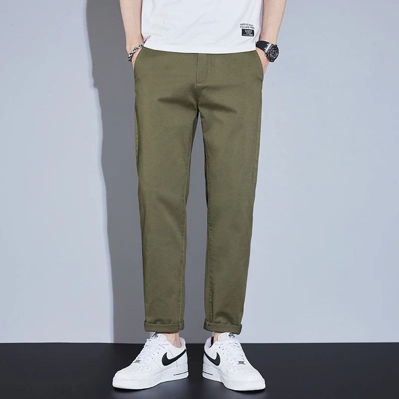Casual Men Orange Loose Straight Business Pants Green Khaki Elastic Waist Trousers Soft Cotton Lyocell Fabric Korean Cargo Pants