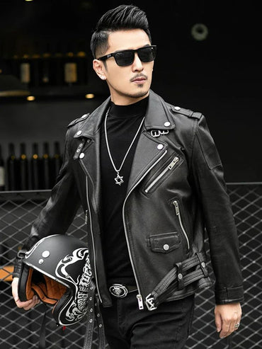 Long Sleeve Belt Plus Size European Fashion brand Spring Autumn Short Cool Black Leather Biker Jacket Men Zipper leather jackets