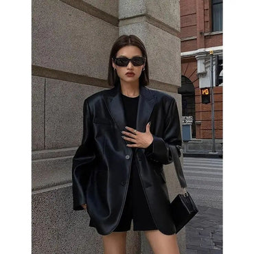 2025Brown /black soft PU leather women jacket motorcycle long sleeve single breasted casual coat top for autumn high Streetwear