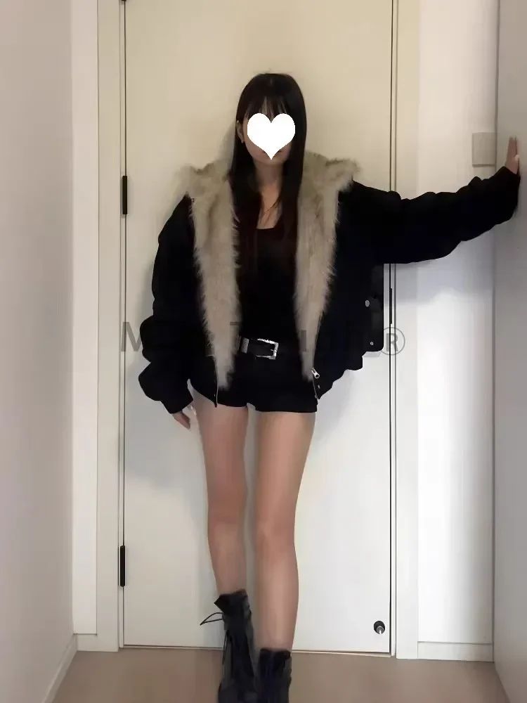 2000s Aesthetic Black Elegant Jacket Woman 2025 Winter Y2k Zip Up Hooded Design Harajuku Coat Female Loose Casual Chic Outfits