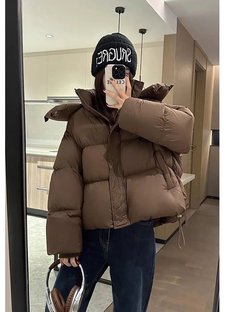 Hooded Cotton Jacket Women 2025 New Thickened Warm Long Sleeved Outwear Winter Korean Loose Solid Color Versatile Short Coat