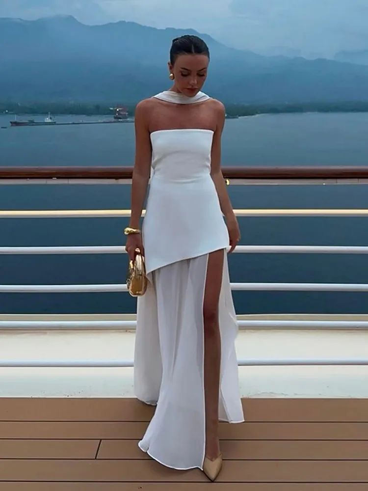 Fashion Strapless Ribbon Mesh Patchwork Maxi Dress Elegant Sleeveless Backless V