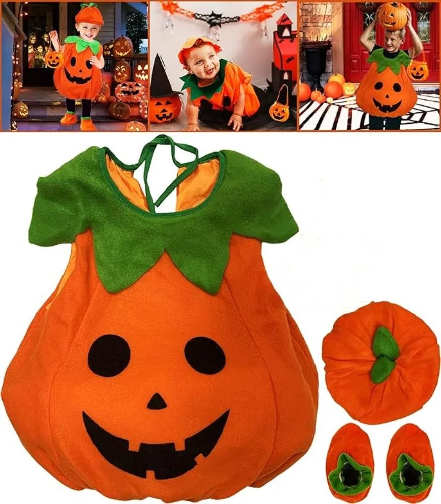 Kids Romper Costume Pumpkin Halloween Cosplay Party Boys Girls Stage Performance With Bags Holiday Clothing