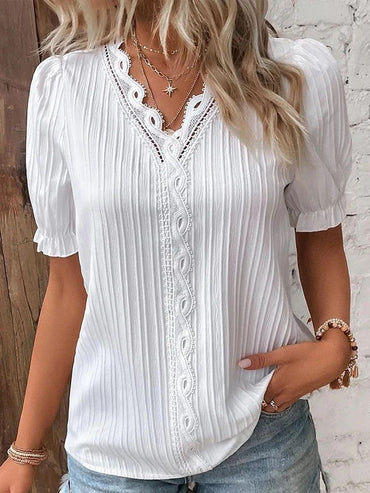 2025 Summer New Women's Blouse Top Solid Sexy V-Neck Hollow Short Sleeve Fashion Splice Plus Size Loose Street Apparel Shirt