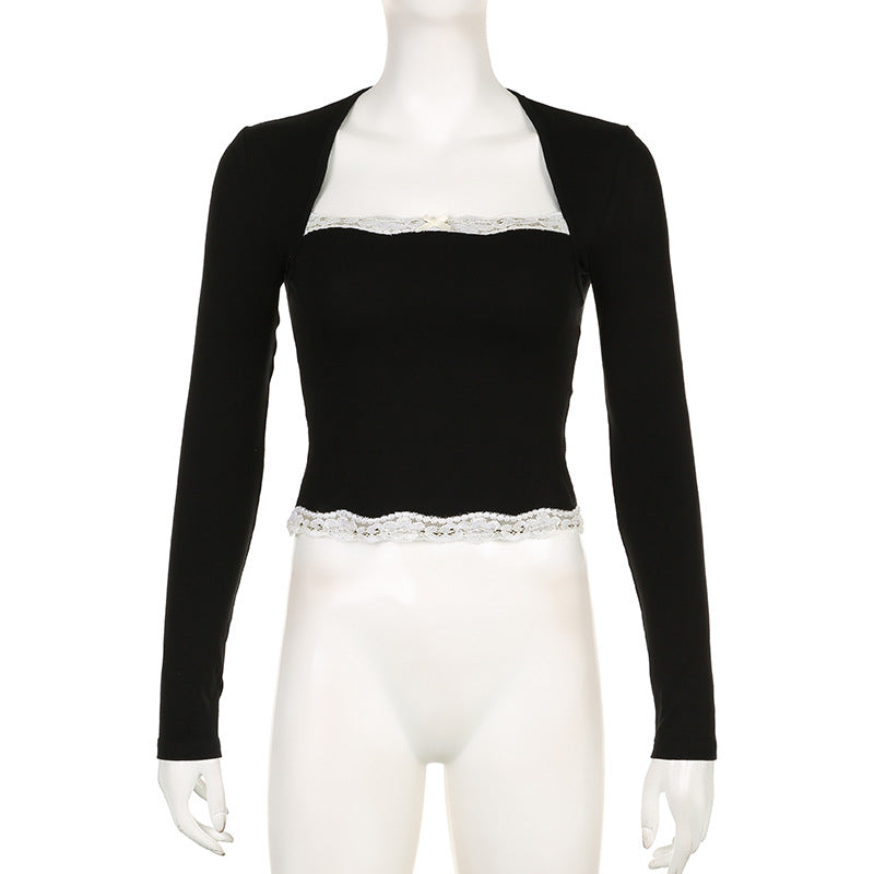 Women Spring Autumn Tops Lace Trim Square Neck Long Sleeve Slim Fit Blouse Gothic Grunge Shirts Y2K Aesthetic Kawaii Clothes