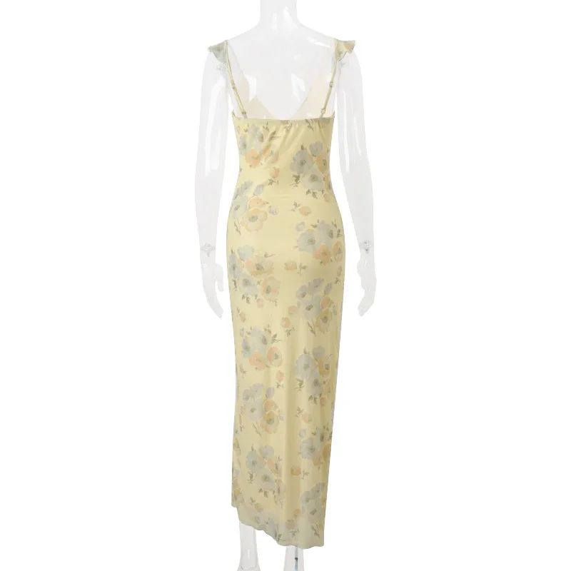 Retro V Neck Dresses Yellow Sleeveless Flower Print  Maxi Long Dress Elegant Hig