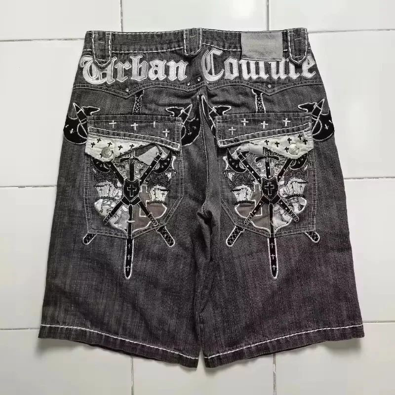 American Fashion Hip Hop Embroidered Denim Shorts Men Street Y2K New Casual Vintage Loose Jeans Unisex Harajuku Punk Rock Shorts