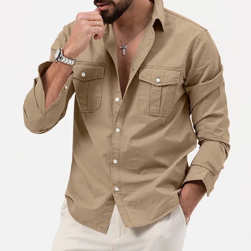Army Green Tactical Cargo Shirts For Men Chest Two Pockets Long Sleeve Mens T-Shirt 2024 Trend Casual Loose Shirt Chemise Hombre