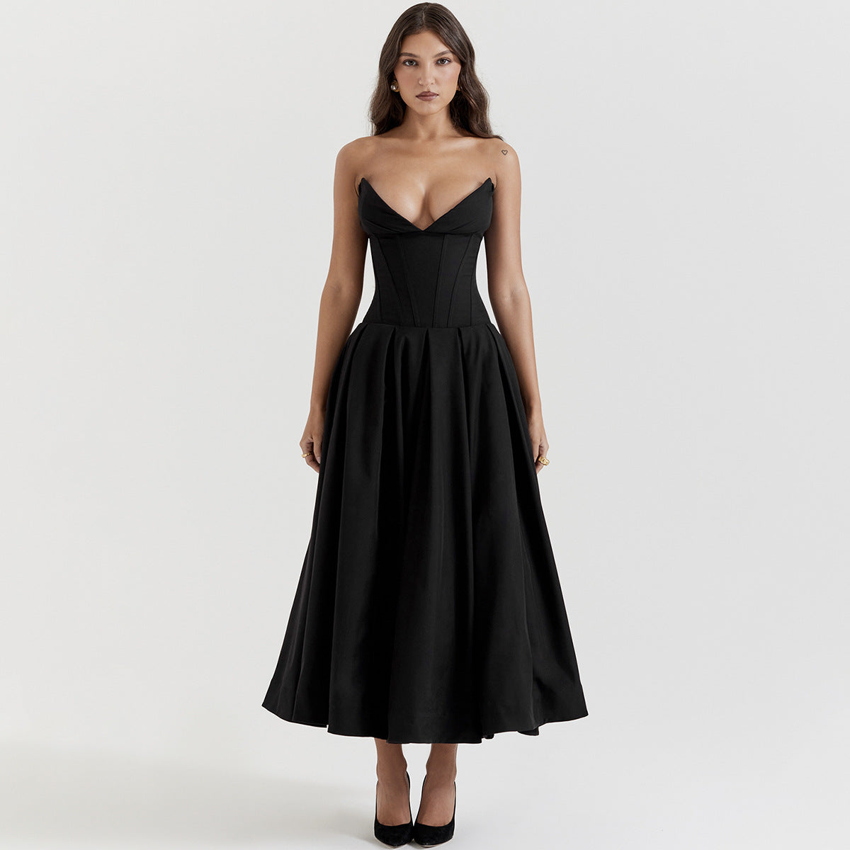 Suninheart Black Elegant Wedding Events Dress Sexy Strapless Corset Dress Midi C