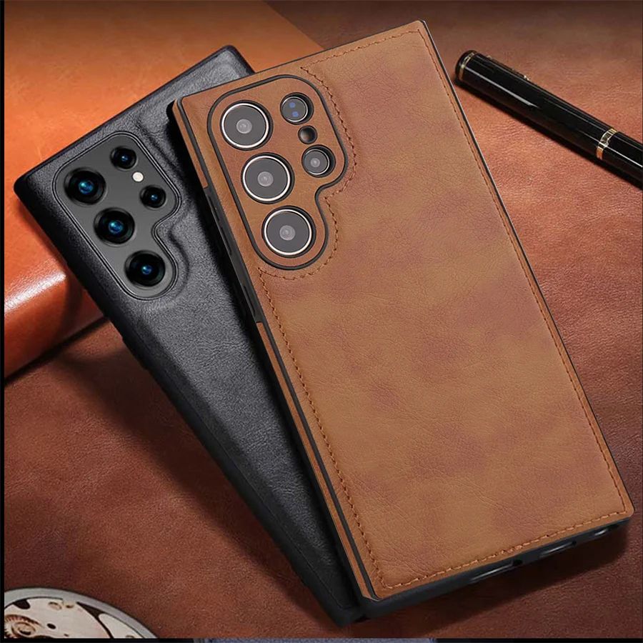 Capa de couro PU vintage de luxo para Samsung S25 Ultra S24 Plus S23 S22 S24Ultra, fina, à prova de choque, com para-choque macio