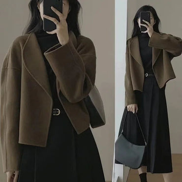 Hebe Style Short Thickened Double-Faced Cashmere Woolen Coat Women's Autumn Winter Fashion Small Size Suit Elegant Feel