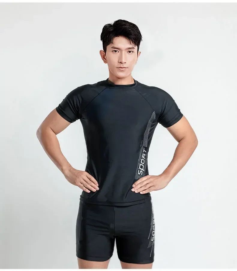 Men Swimsuit O-Neck Short Sleeve Mid-rise Swimming Suit Printing Slim Fit T-shirt Swimming Trucks Set Beachwear