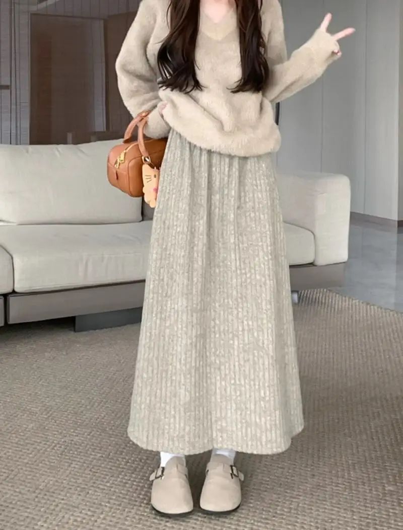 Plus Size Women's Fleece-Lined Thickened Skirt High-Waisted Slimming Medium-Length A- Line Korean Style New Arrival For Autumn/W