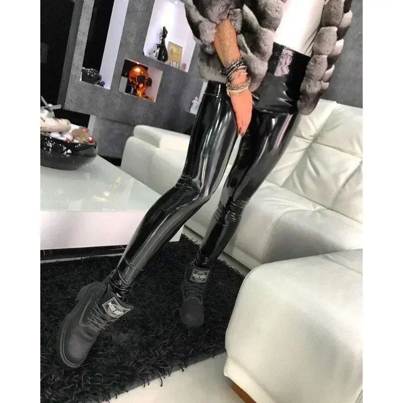 Sexy Black PU Leather Tights Women High Waist Pants High Elastic Slim Fashion Hi