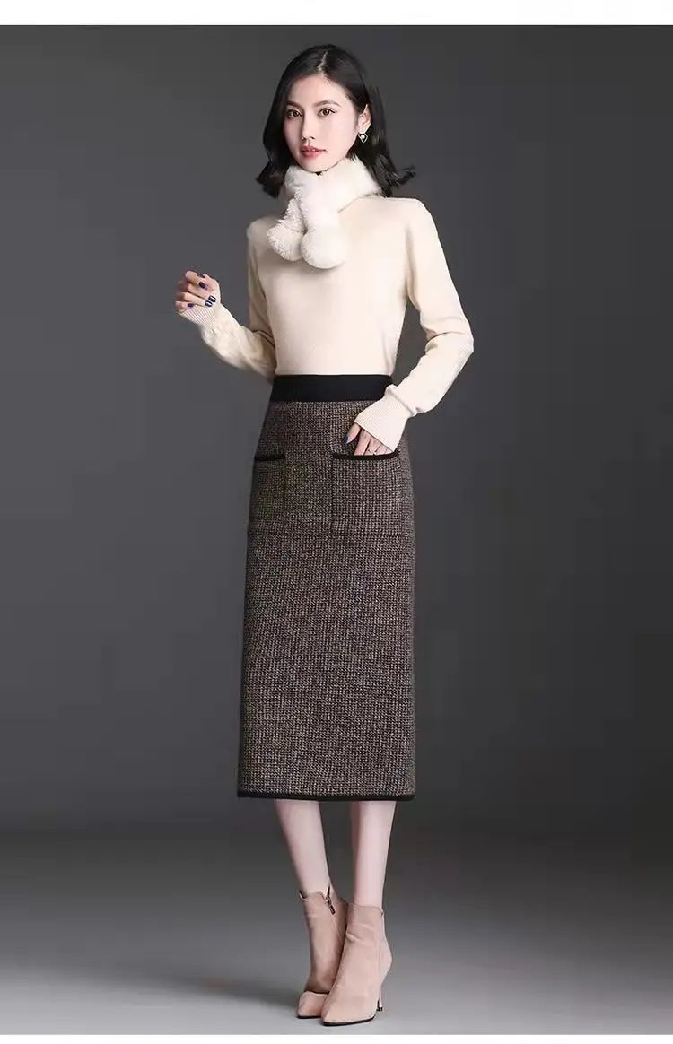 New Style Gold Mink Cashmere Elastic High Waist Office Lady Knee-length Skirts Solid Split Fork Hip Wrap Skirt High Elasticity