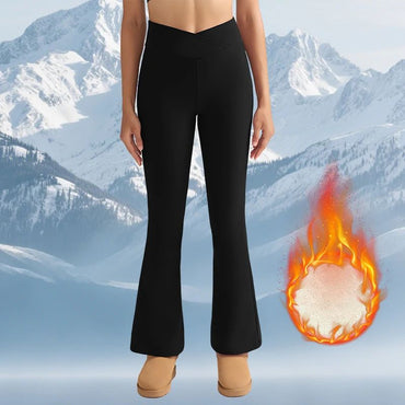 Women's Fleece-Lined Flare Pant Cross-Waist Design Thickened Winter Warm High-Waisted Tummy Control Lifting Leggings Casual Wear