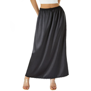 Elastic Waist Inner Lining Midi Skirt Women Solid Color Satin Half Slip Underskirt Long Underskirt for Ladies White/Black/Yellow
