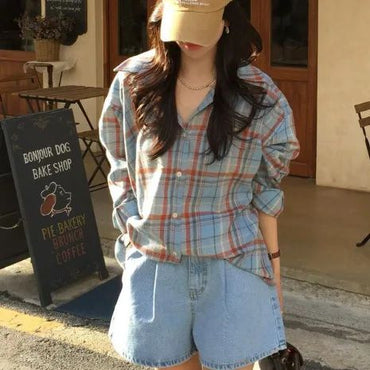 Early Autumn New Style Loose Long Sleeve Shirt Women's Polo Collar Button down Striped Korean Ins Lazy Style Fashionable Women's