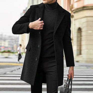 Men's British-style Woolen Overcoat in Korean Version, Fashionable Single-breasted, Mid-to-long Style Coat for Autumn and Winter