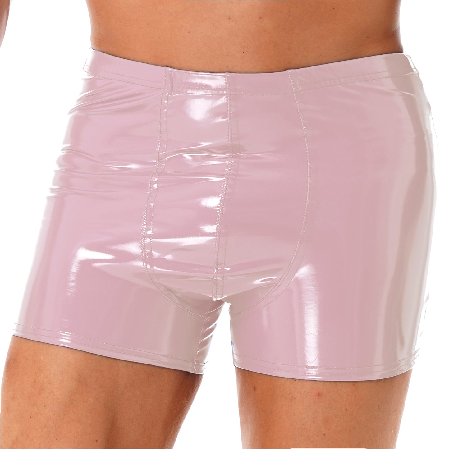 Mens Patent Leather Shorts Dance Performance Clubwear Wet Look Pants Elastic Waistband ShortsBulge Pouch Boxer Briefs Shorts