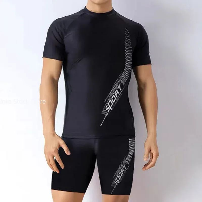Men Swimsuit O-Neck Short Sleeve Mid-rise Swimming Suit Printing Slim Fit T-shirt Swimming Trucks Set Beachwear