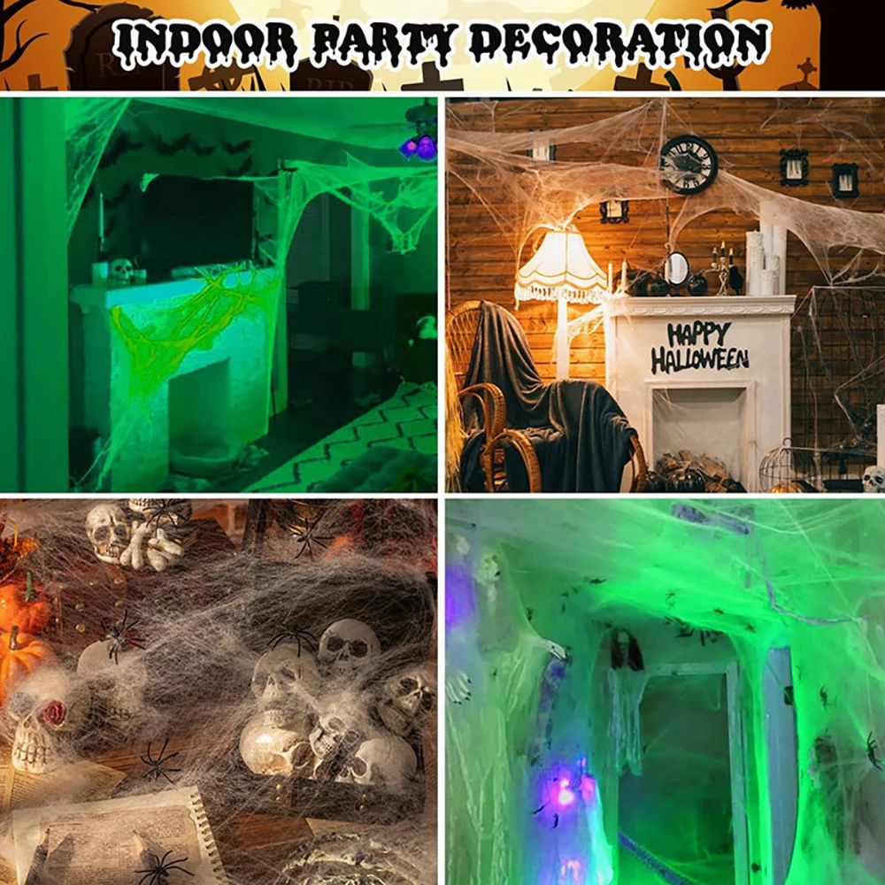 Runtow Luminous Spider Web & 50pcs Black Spider , Halloween Party Decorations,Outdoor Horror Haunted House Decoration Props