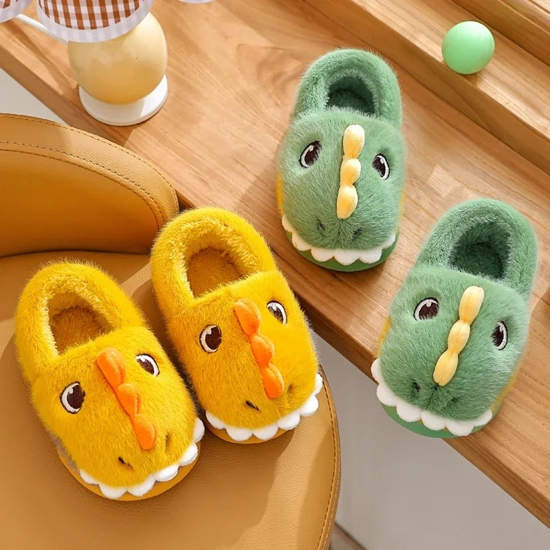 Cute Cartoon Dinosaur Children Plush Slippers Soft Sole Non-slip Winter Warm Baby Boys Girls Indoor Home Heel Wrap Cotton Shoes