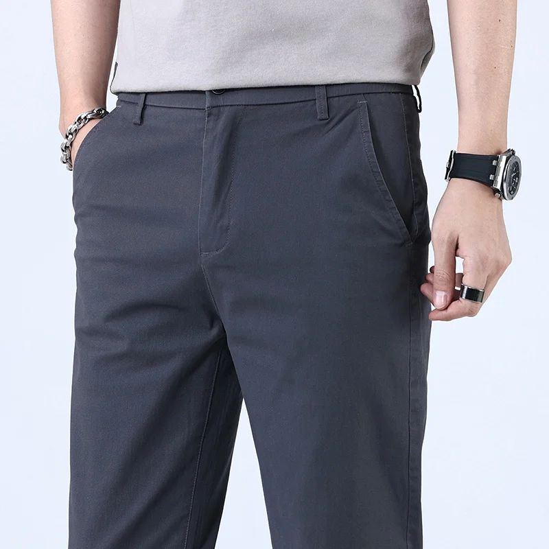 Casual Men Orange Loose Straight Business Pants Green Khaki Elastic Waist Trousers Soft Cotton Lyocell Fabric Korean Cargo Pants