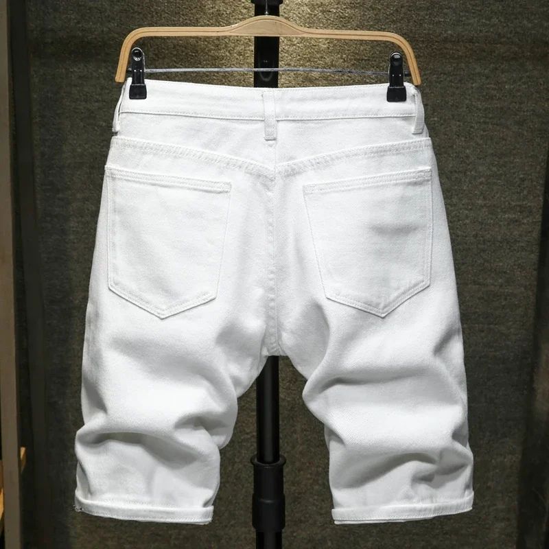 New White Jeans Shorts Men Fashion Ripped Knee Length Pants Simple Casual Slim Hole Denim Shorts Male Streetwear