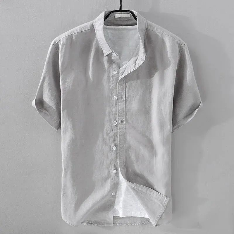 Short Sleeve Linen Shirt Men Simple Casual Retro Loose Style Youth Thin Basic Half Sleeve Cotton Linen Clothing