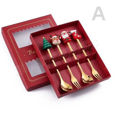 Christmas Cutlery Set Elk Dessert Scoop Fruit Fork Coffee Spoon Stainless Steel Dessert Fork 4/6PCS Christmas Spoons Fork Set