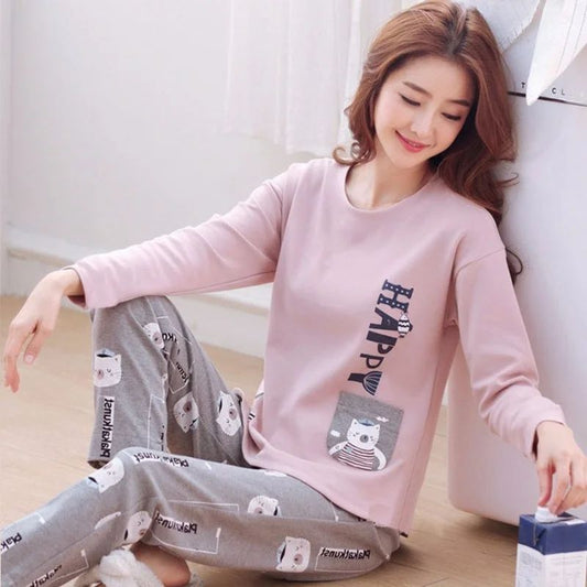 Autumn Thin 2pieces Pyjamas Set Women 2025 Round Neck Girls Bear Pajamas Sets Teacup Cat Full Sleepwear Tops lovers Pajama Mujer