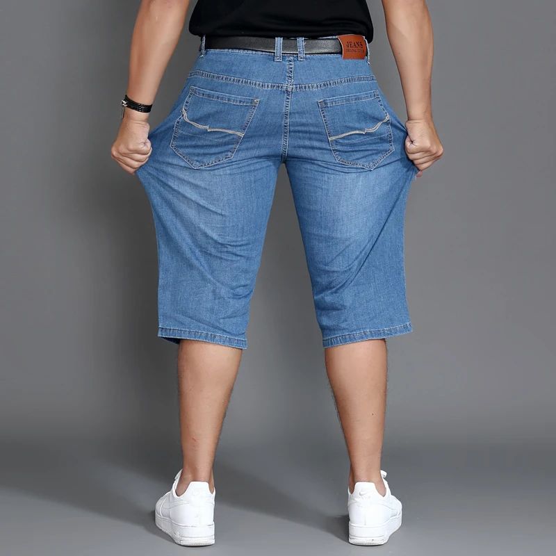 Summer Shorts Calf Length Trousers Plus Size 48 42 Men Denim Elastic Stretched Thin Jean Oversized Classic Straight Streetwear