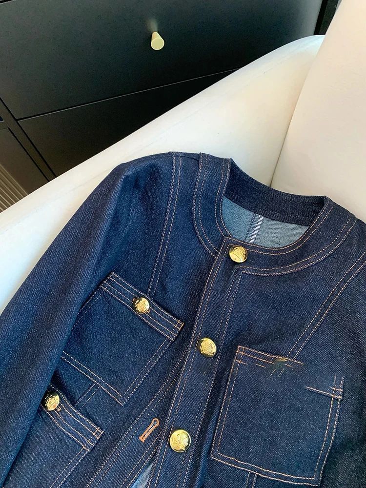 Blue Denim Top Women Autumn Classic Style Short Coat New Korean Fashion Chic Pockets O-Neck Female Ropa De Mujer Loose Jackets
