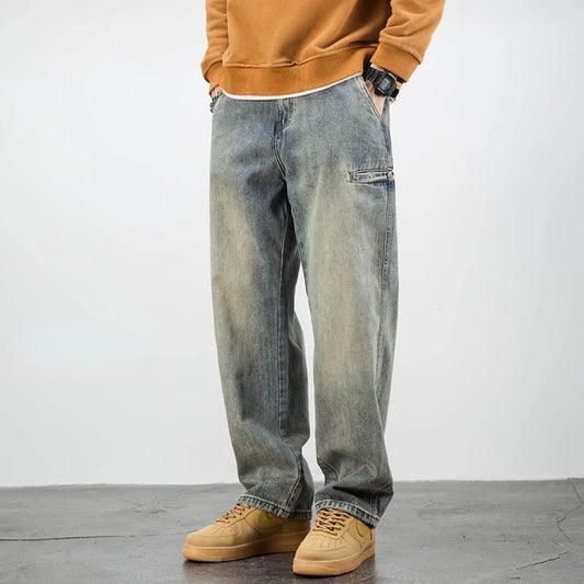 Calça Jeans Masculina Retrô Cargo Reta Cowboy Punk Lavada Grife Luxuosa Tendência 2025 Y2k Vintage Estilo Coreano Larga
