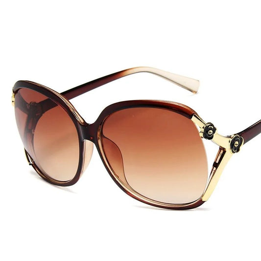 Women Sunglasses Trendy Celebrity-style Round Large-frame Stylish Sun Glasses with Camellia Hollow-out Accent Decorations