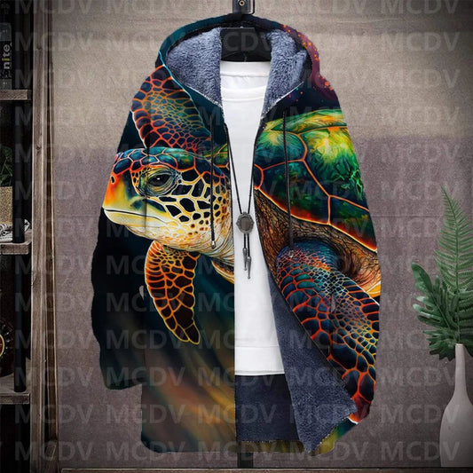 Men's Retro Print Plush Thick Long-Sleeved Coat Cardigan Sea Turtle 3D Prined Fleece Hooded Overcoat Unisex Thick Warm Jacket