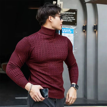 New Men's Turtleneck Sweaters Autumn Knitted Striped Streetwear Warm Long Sleeved Pullover Solid Color Basic Style Casual Tops